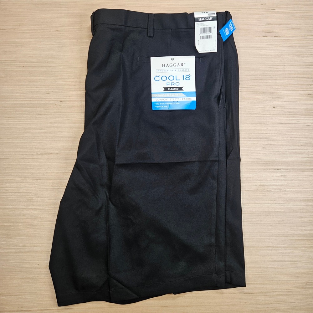 Haggar Cool 18 Pro Shorts Mens 54 Black Pleated Stretch Performance NEW